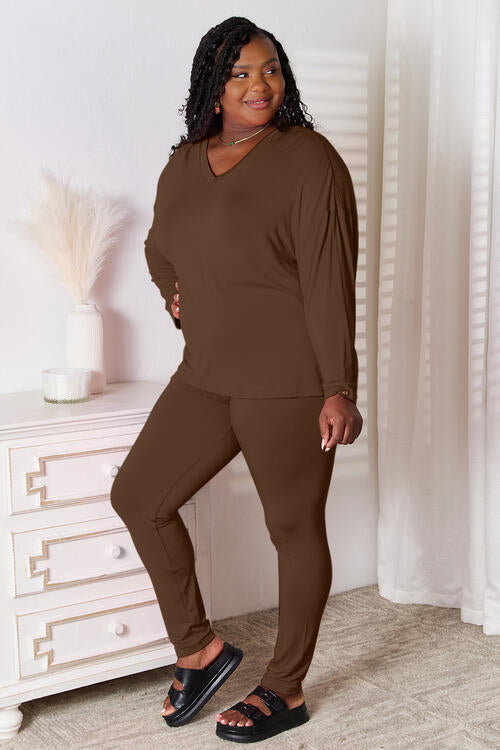 Basic Bae Full Size V-Neck Soft Rayon Long Sleeve Top and Pants Lounge Set - Shop All Around Divas