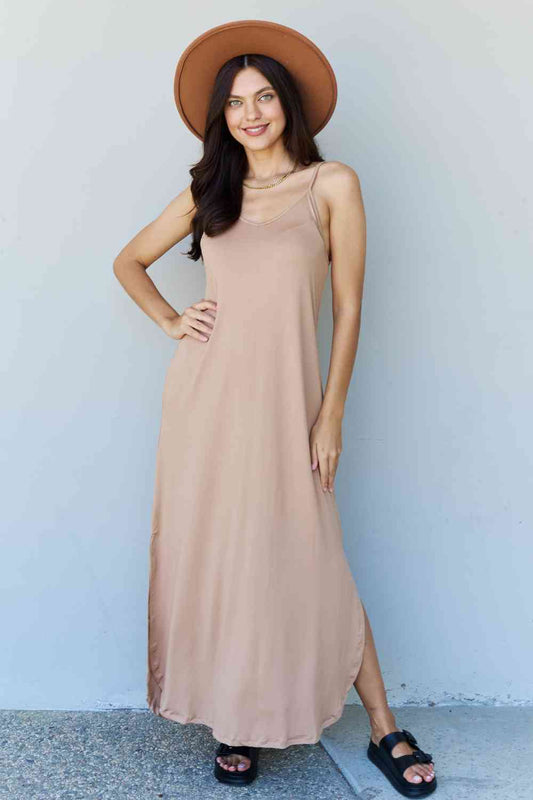 Ninexis Good Energy Full Size Cami Side Slit Maxi Dress in Camel - Shop All Around Divas