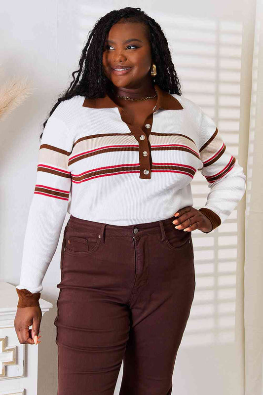 Basic Bae Striped Collared Neck Rib-Knit Top - Shop All Around Divas