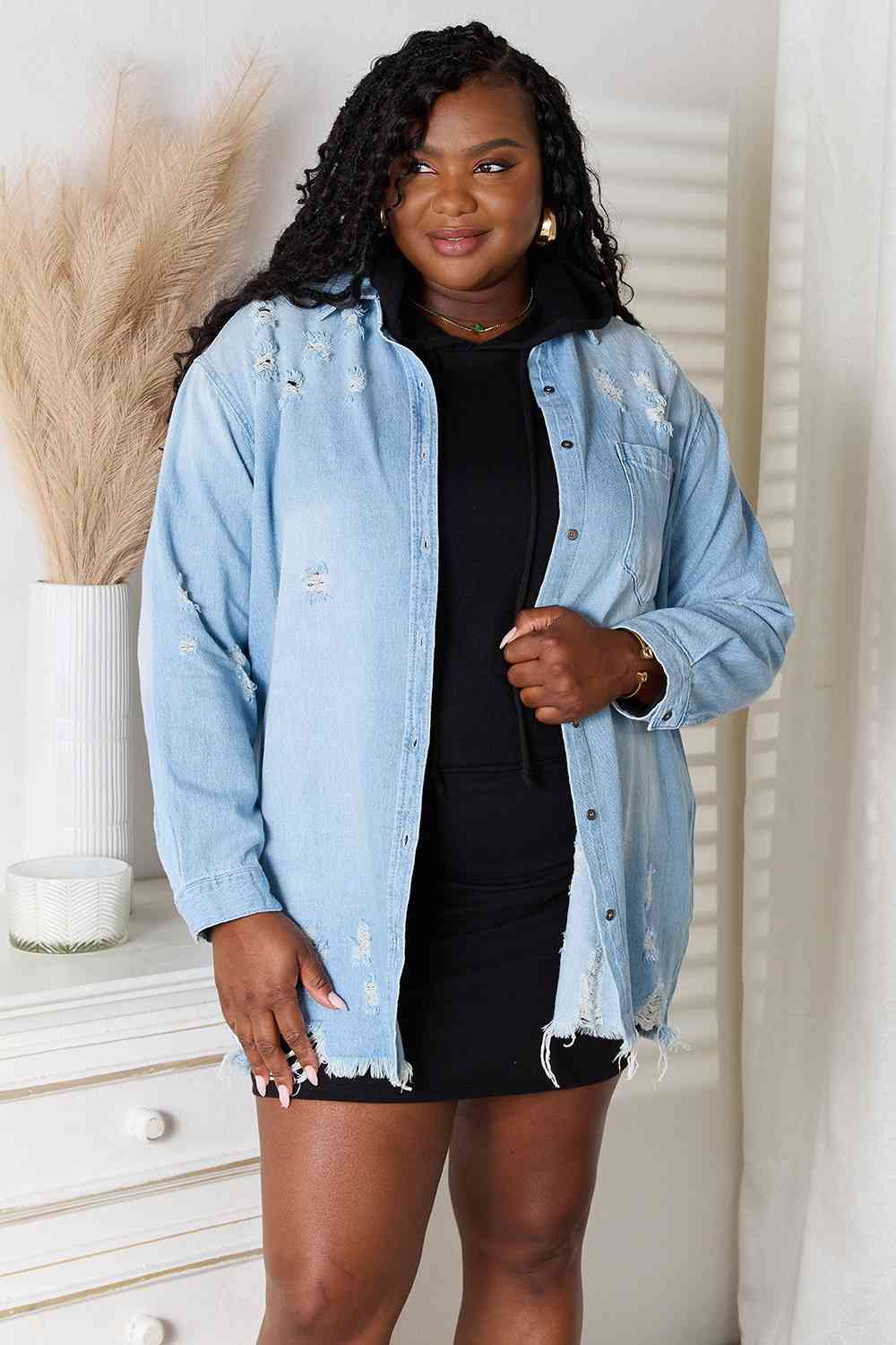 Date Night Distressed Raw Hem Denim Jacket - RISEN - Shop All Around Divas