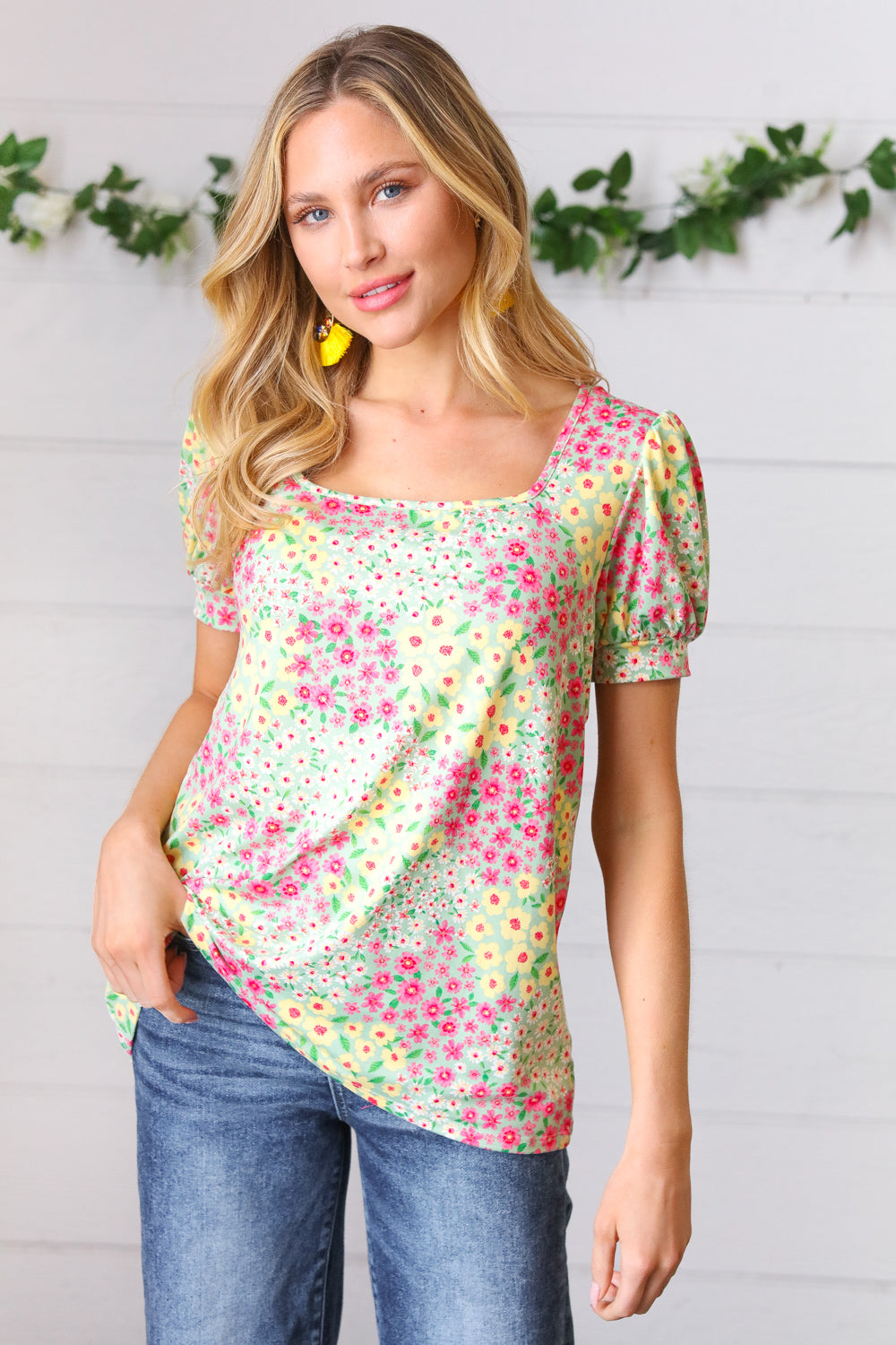 Canary/Mint Floral Square Neck Bubble Sleeve Top