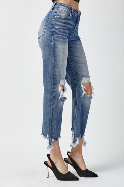 RISEN High Waist Distressed Frayed Hem Cropped Straight Jeans - Shop All Around Divas