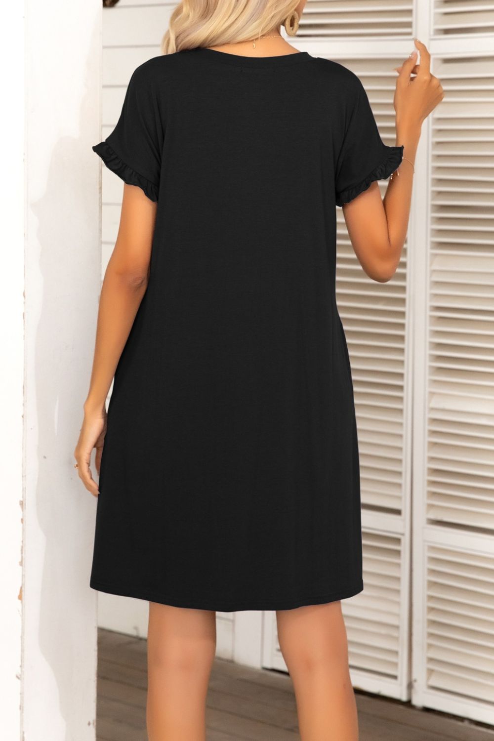 Flounce Sleeve Round Neck Dress with Pockets - Shop All Around Divas