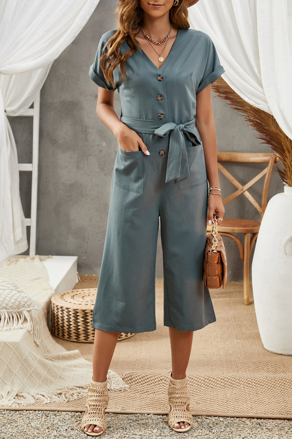 Tie-Waist Buttoned Cropped Jumpsuit - Shop All Around Divas