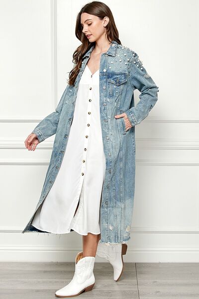 Veveret Full Size Distressed Raw Hem Pearl Detail Button Up Jacket - Shop All Around Divas