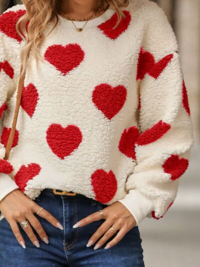 Fuzzy Heart Dropped Shoulder Sweatshirt - 3 Colors