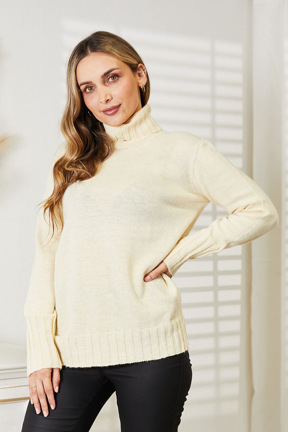 Harriet Long Sleeve Turtleneck Sweater with Side Slit