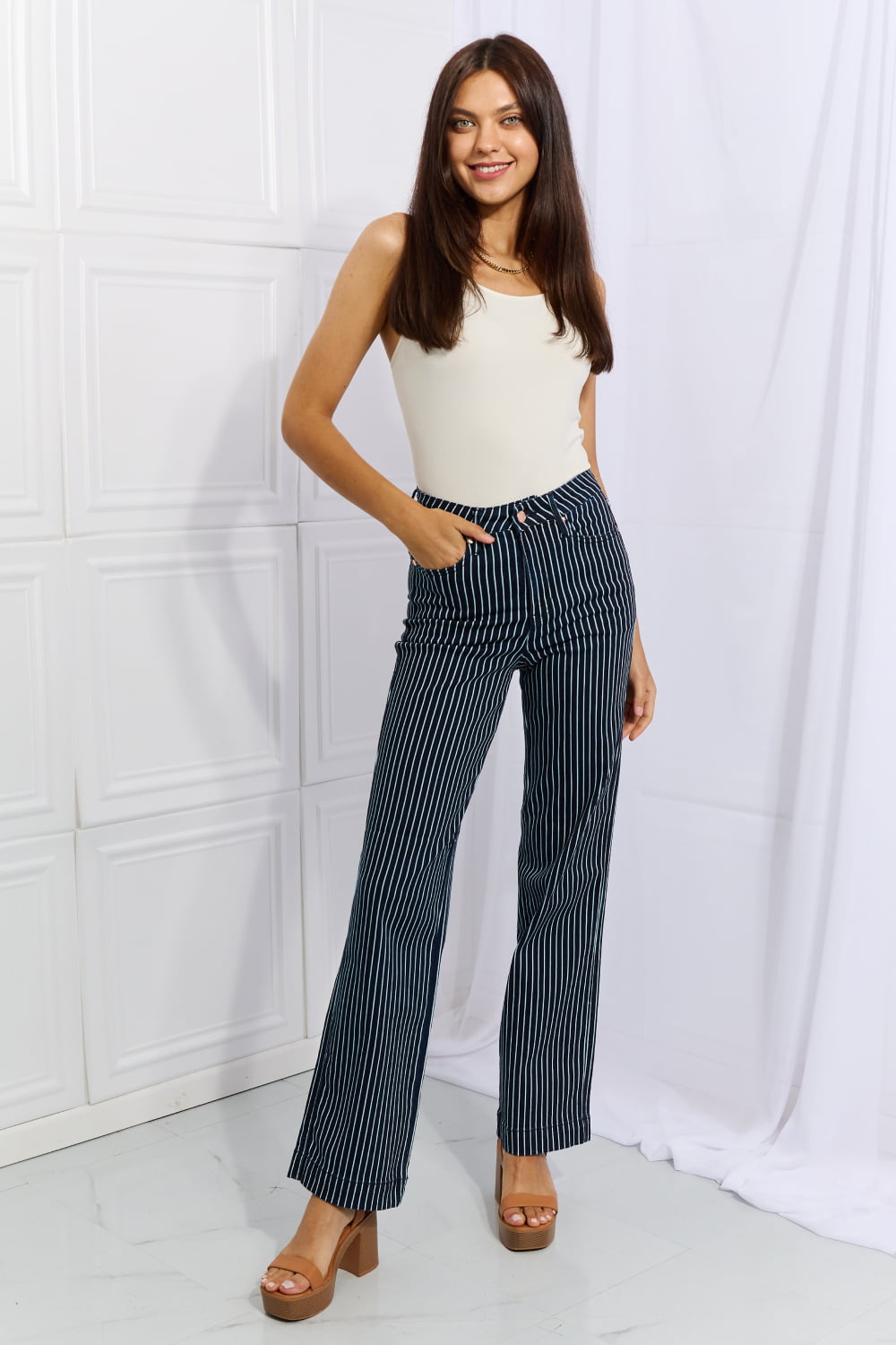 Cassidy High Waisted Tummy Control Striped Straight Jeans - Judy Blue