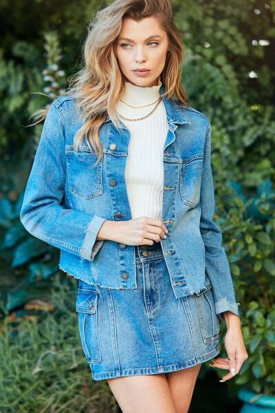 Veveret Button Up Raw Hem Denim Jacket - Shop All Around Divas