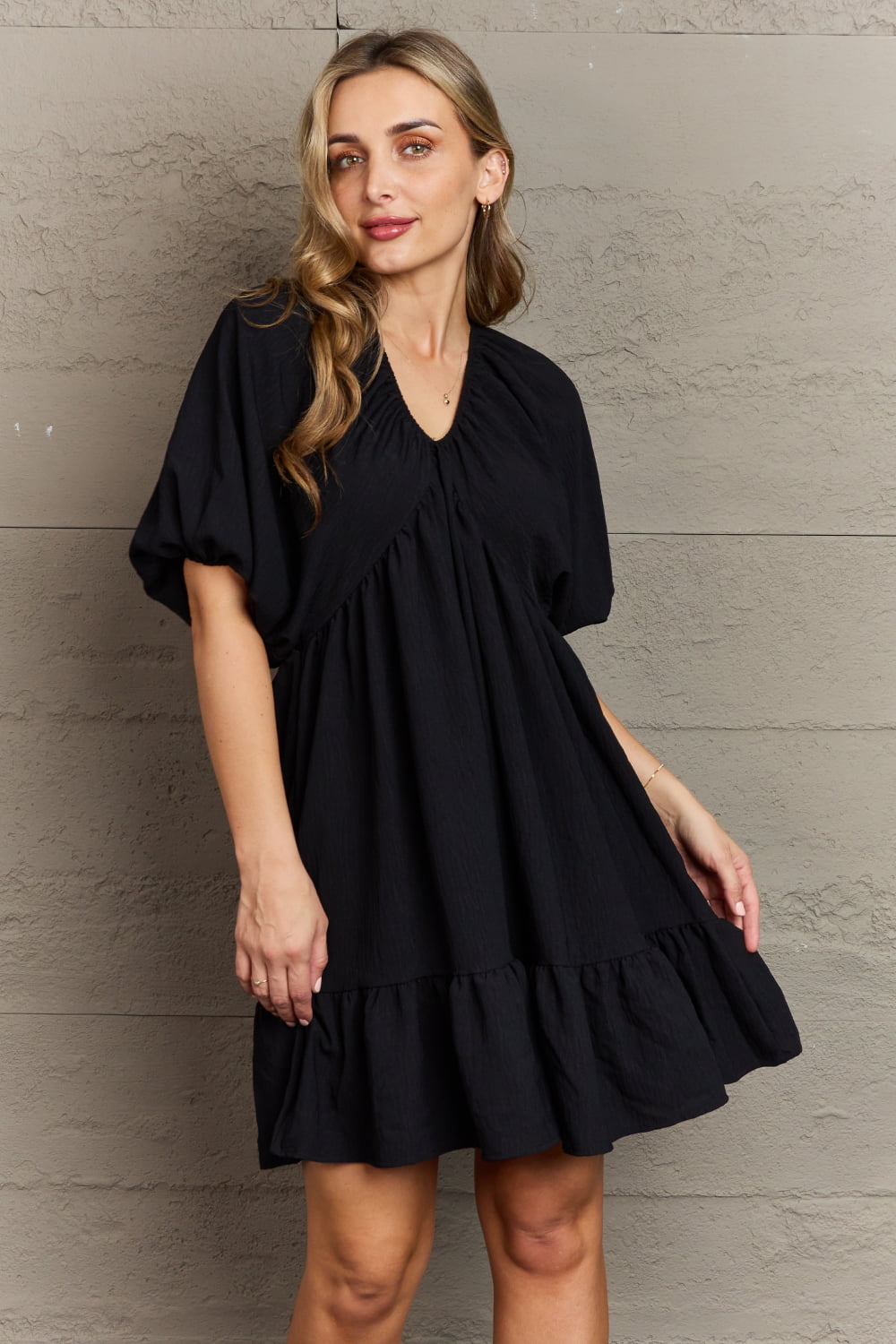 Comfort Cutie Double V-Neck Puff Sleeve Mini Dress - Shop All Around Divas