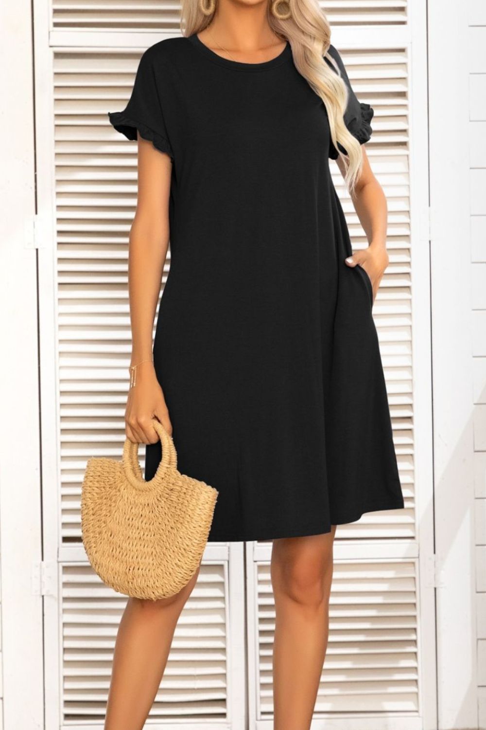 Flounce Sleeve Round Neck Dress with Pockets - Shop All Around Divas