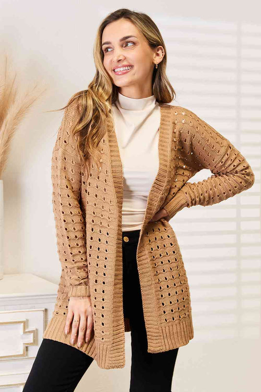 Woven Right Openwork Horizontal Ribbing Open Front Cardigan - Shop All Around Divas