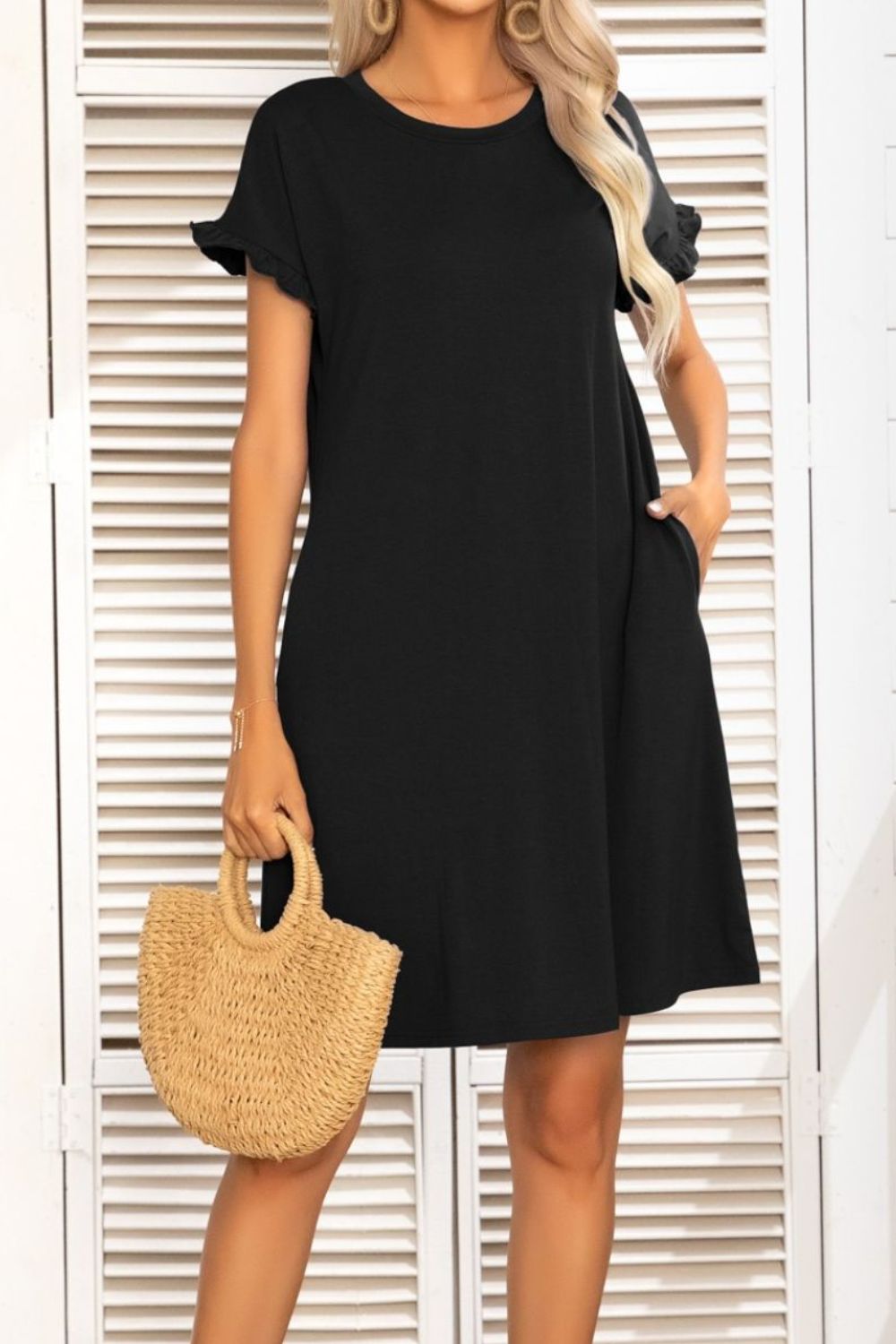 Flounce Sleeve Round Neck Dress with Pockets - Shop All Around Divas