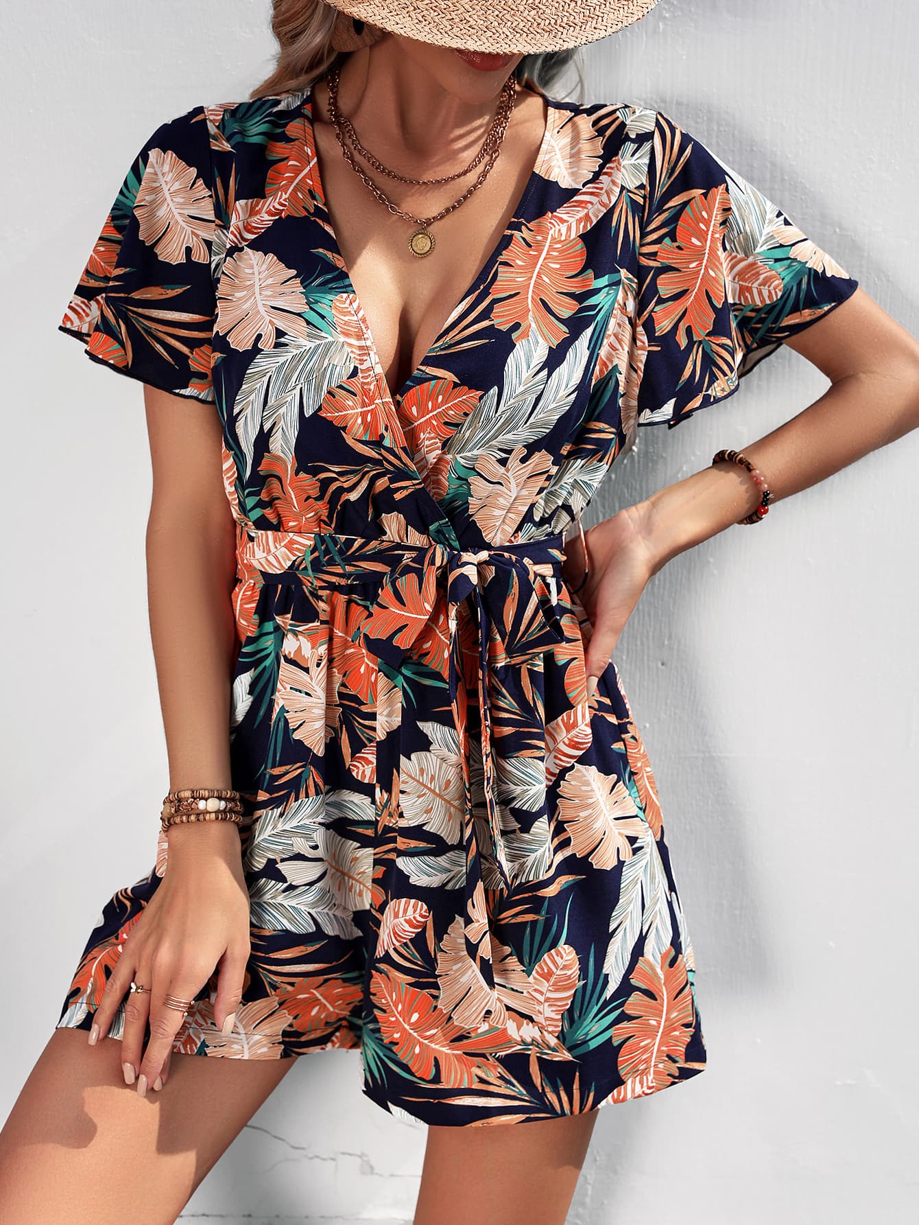 Botanical Print Surplice Neck Tie Waist Romper - Shop All Around Divas