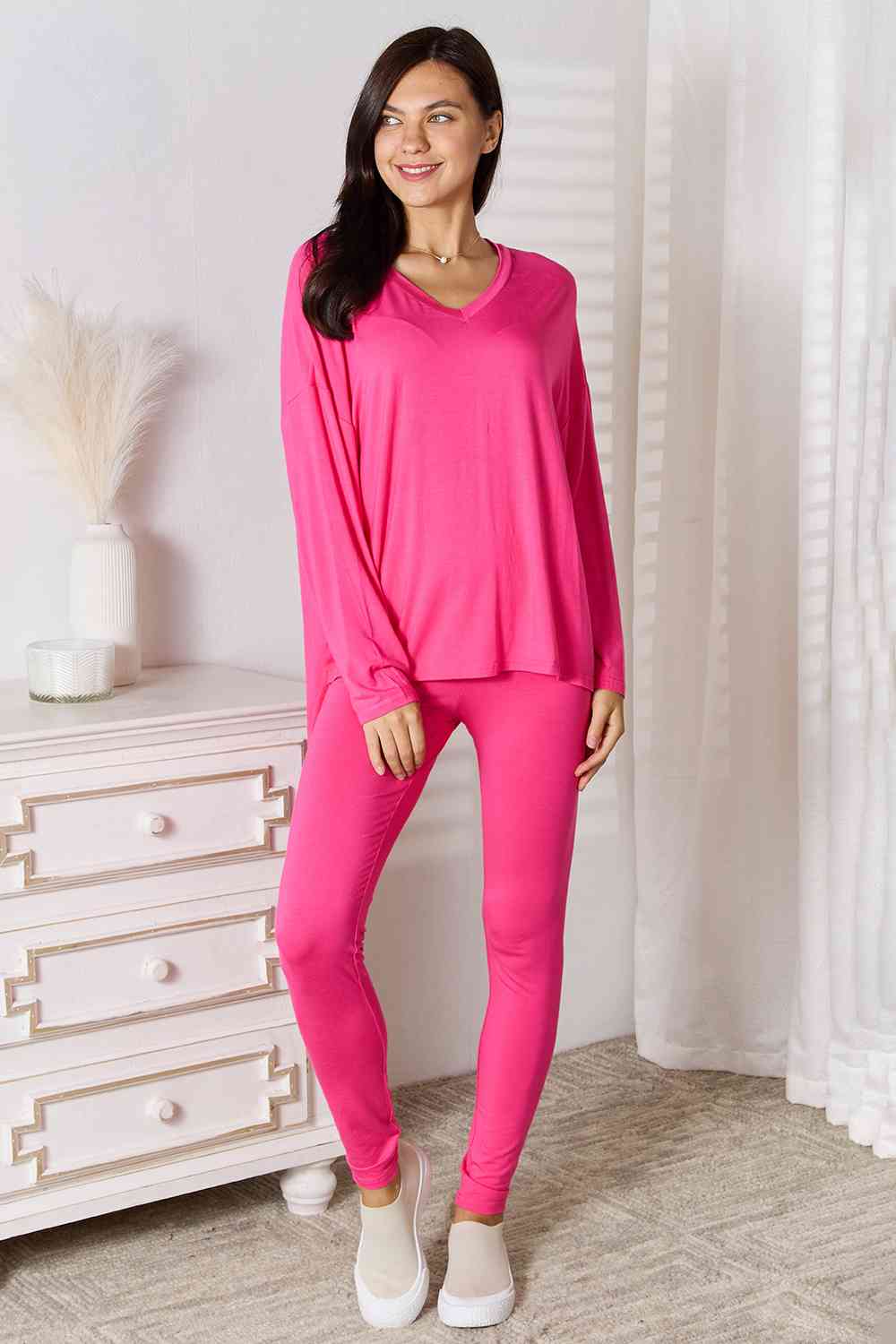 Basic Bae Full Size V-Neck Soft Rayon Long Sleeve Top and Pants Lounge Set - Shop All Around Divas