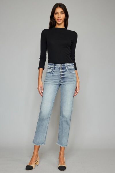Kancan High Waist Button Fly Raw Hem Cropped Straight Jeans - Shop All Around Divas