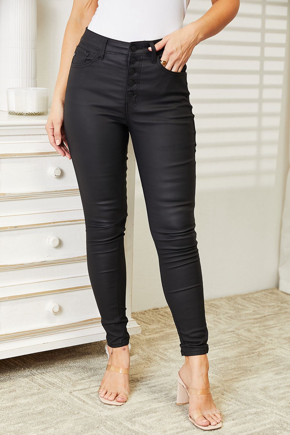 Kancan High Rise Black Coated Ankle Skinny Jeans - Shop All Around Divas