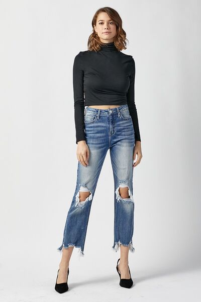 RISEN High Waist Distressed Frayed Hem Cropped Straight Jeans - Shop All Around Divas