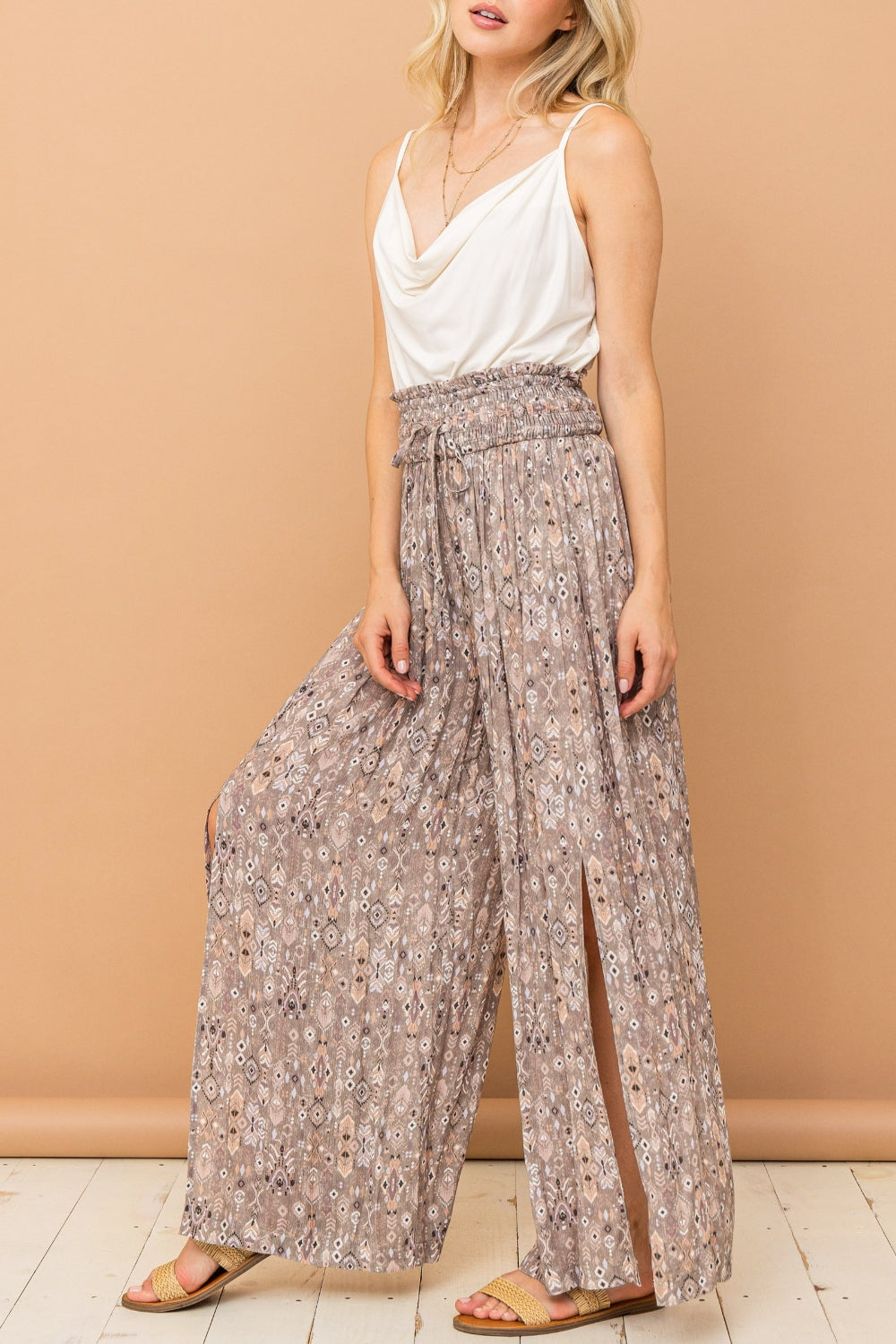 And The Why Printed Smocked Waist Slit Wide Leg Pants - Shop All Around Divas