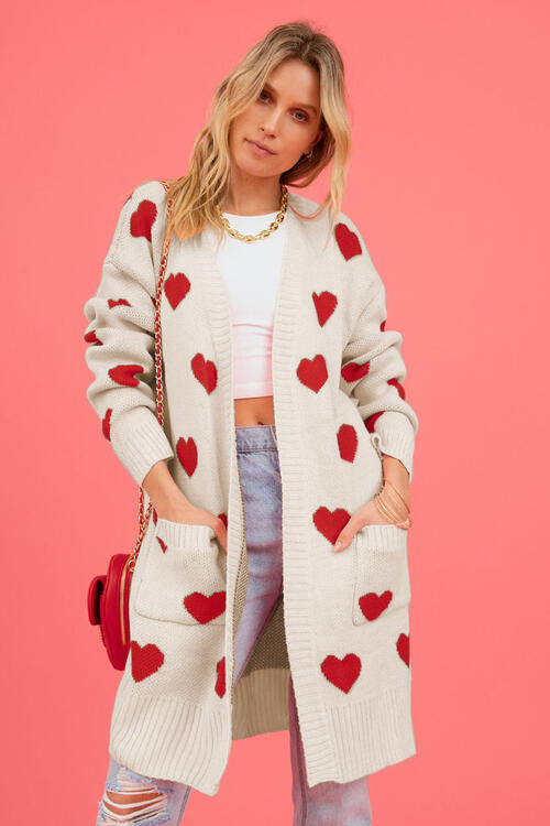 Heart Graphic Open Front Cardigan with Pockets - 4 Colors