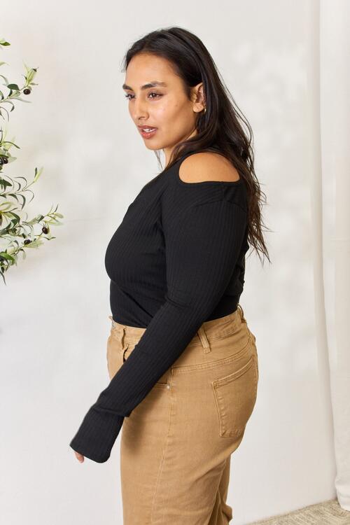 Culture Code Full Size Ribbed Surplice Cold Shoulder Top - Shop All Around Divas