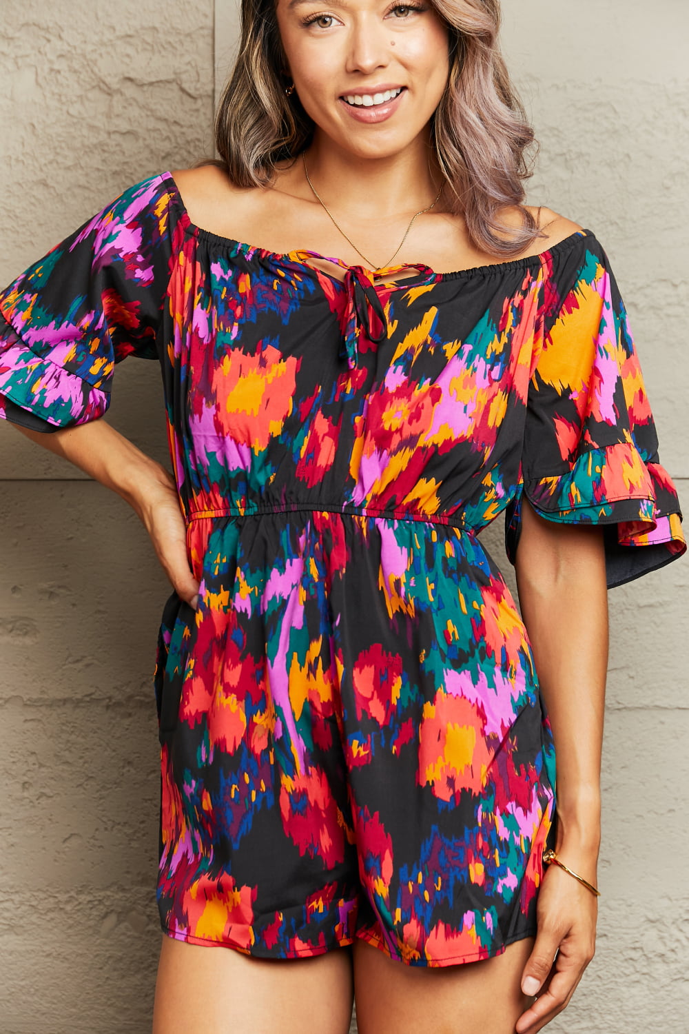 Printed Tied Flounce Sleeve Romper - Shop All Around Divas