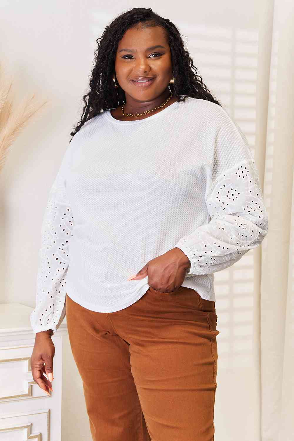 Double Take Eyelet Dropped Shoulder Round Neck Blouse - Shop All Around Divas