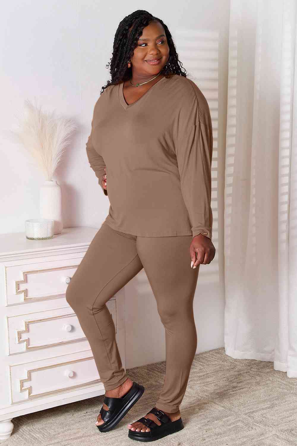 Basic Bae Full Size V-Neck Soft Rayon Long Sleeve Top and Pants Lounge Set - Shop All Around Divas