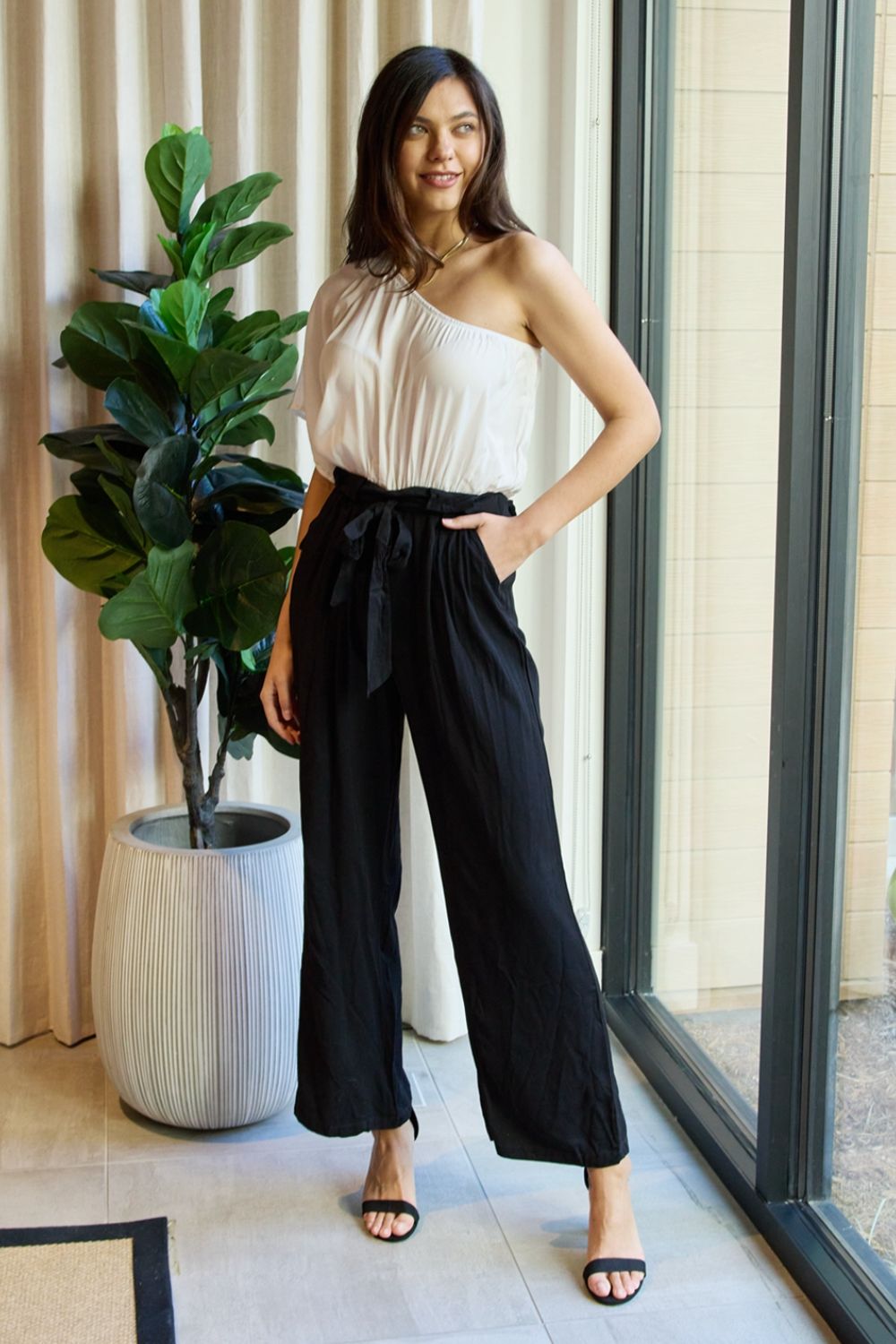 Marvelous in Manhattan One-Shoulder Jumpsuit in White/Black - Shop All Around Divas