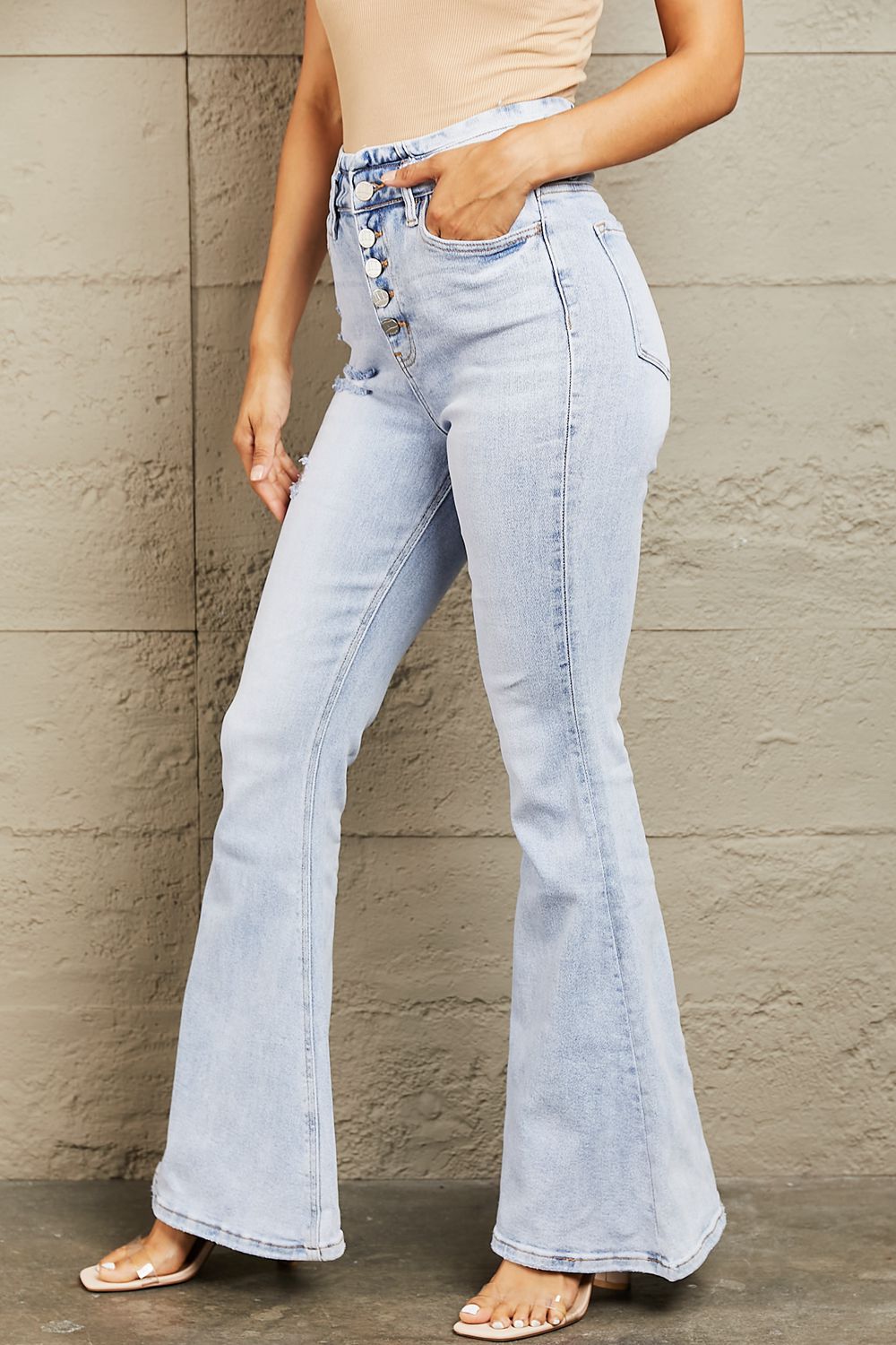 Carly High Waisted Button Fly Flare Jeans