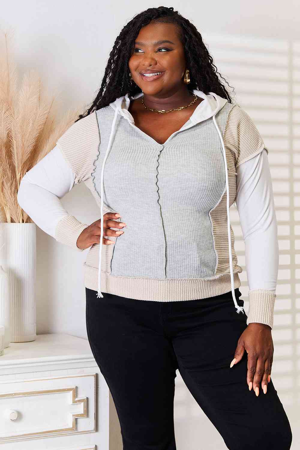 Double Take Color Block Exposed Seam Drawstring Hoodie - Shop All Around Divas