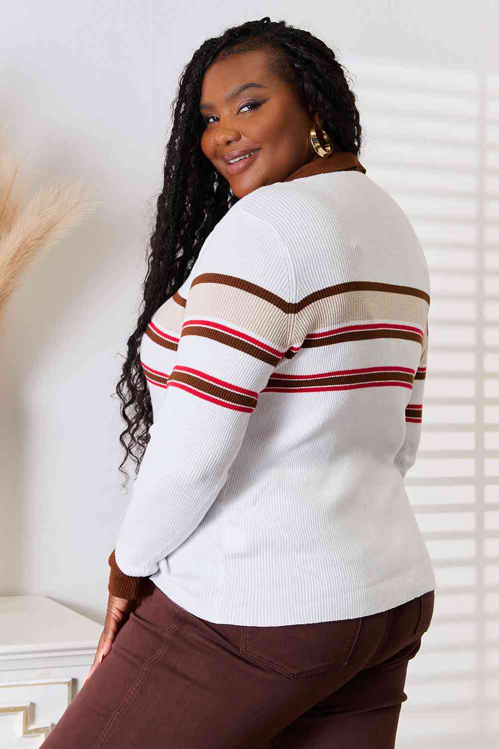 Basic Bae Striped Collared Neck Rib-Knit Top - Shop All Around Divas