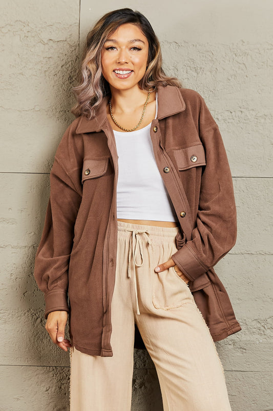 Cozy Girl Button Down Shacket In Brown