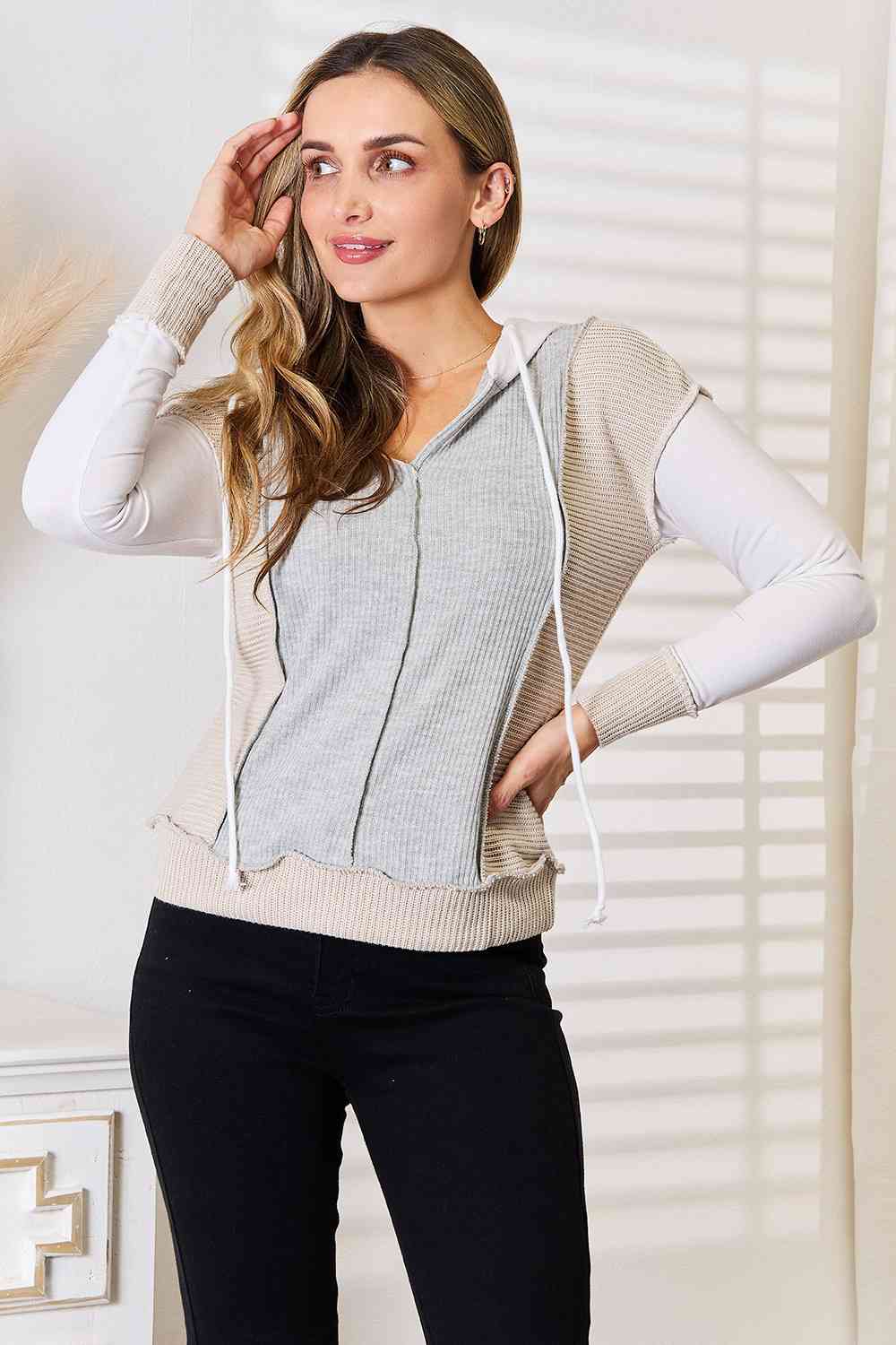 Double Take Color Block Exposed Seam Drawstring Hoodie - Shop All Around Divas
