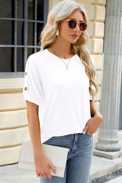 Round Neck Buttoned Short Sleeve T-Shirt - 6 Colors