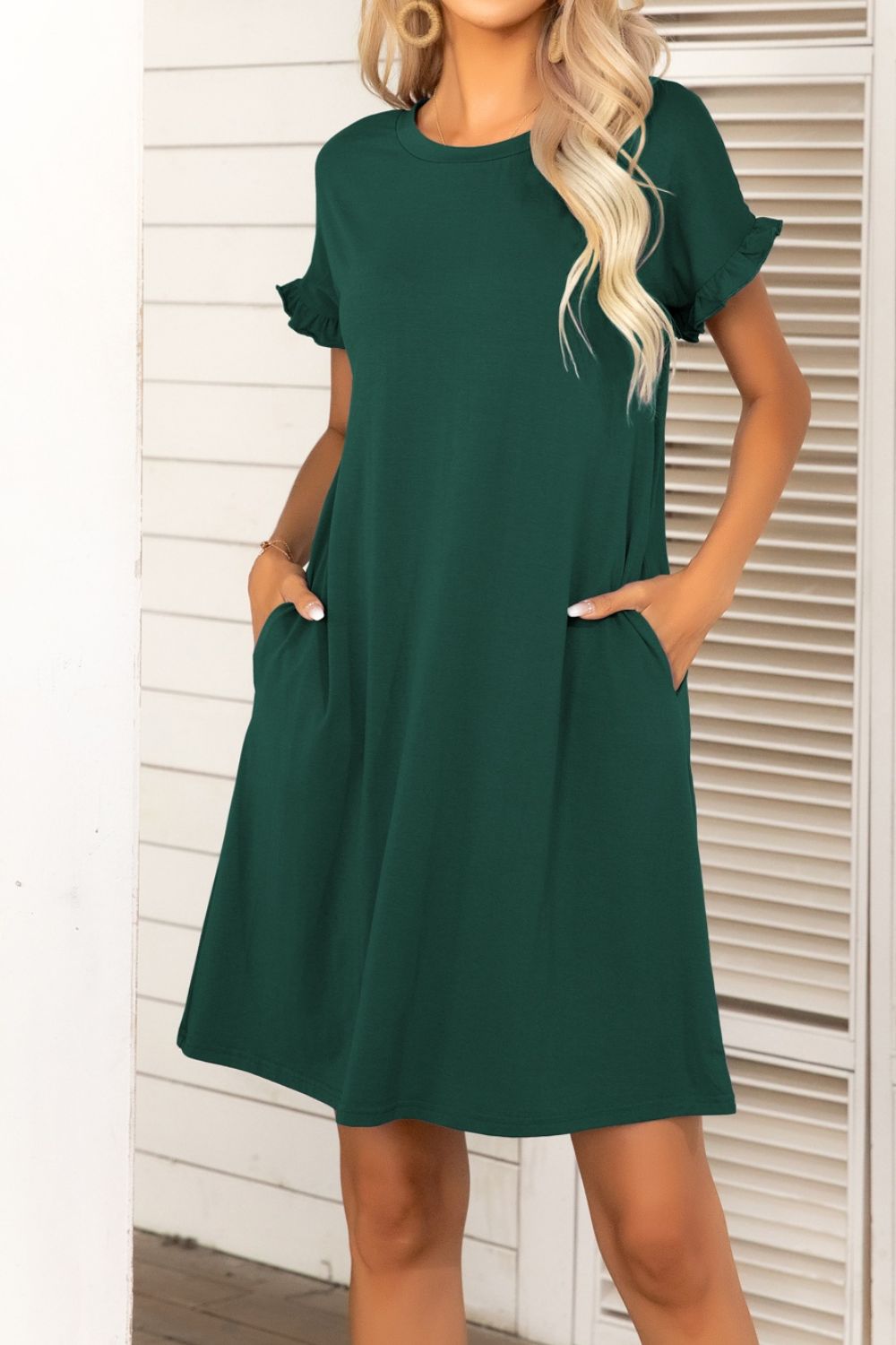 Flounce Sleeve Round Neck Dress with Pockets - Shop All Around Divas