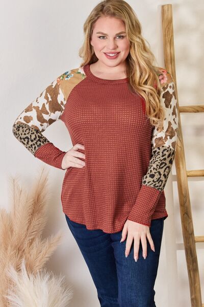 Hailey & Co Full Size Leopard Waffle-Knit Blouse - Shop All Around Divas