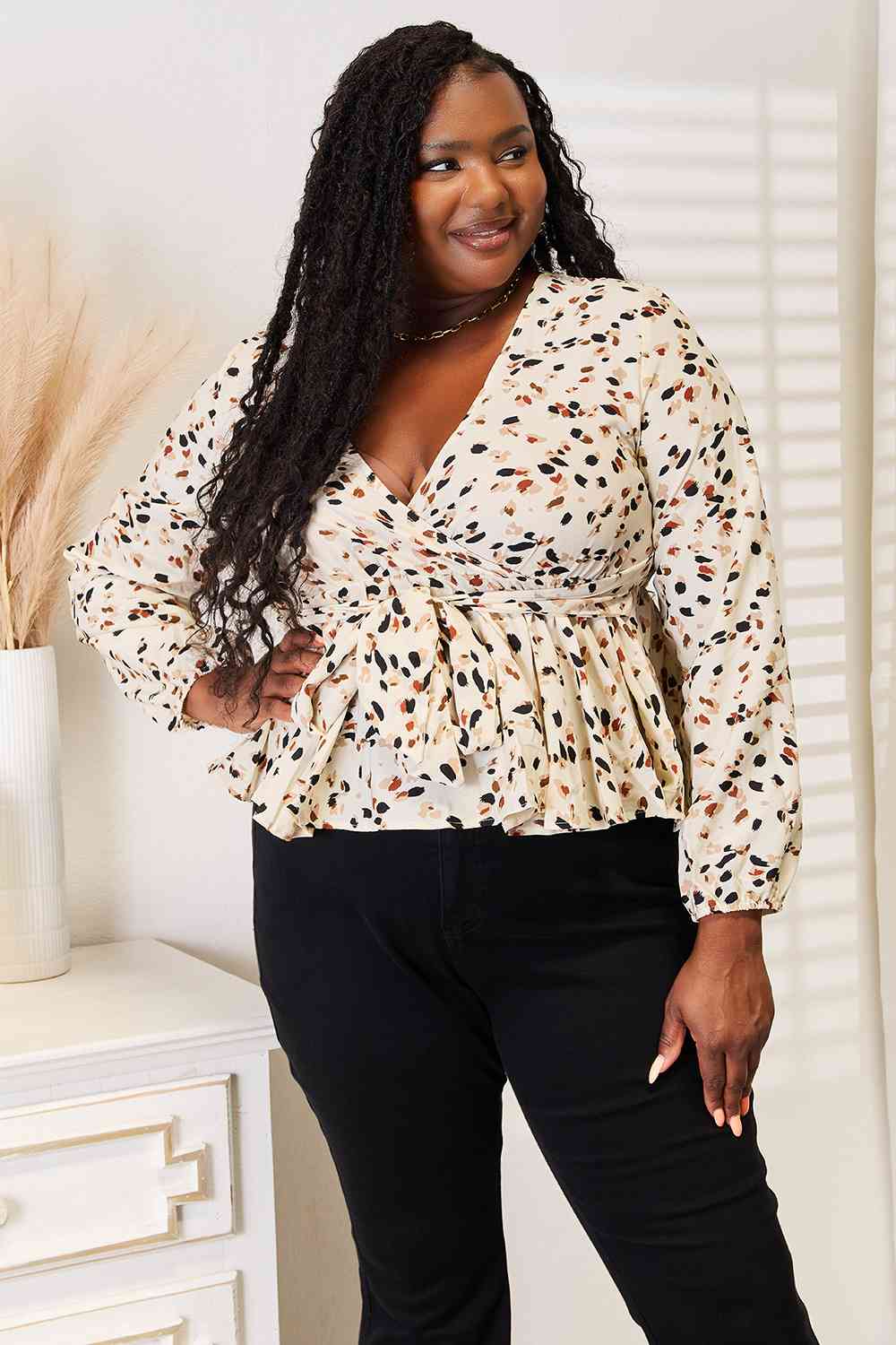 Double Take Printed Tied Plunge Peplum Blouse - Shop All Around Divas