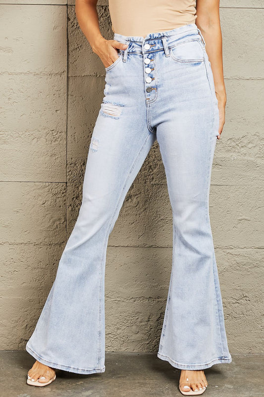 Carly High Waisted Button Fly Flare Jeans