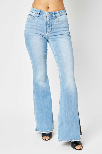 Judy Blue Mid Rise Raw Hem Slit Flare Jeans - Shop All Around Divas