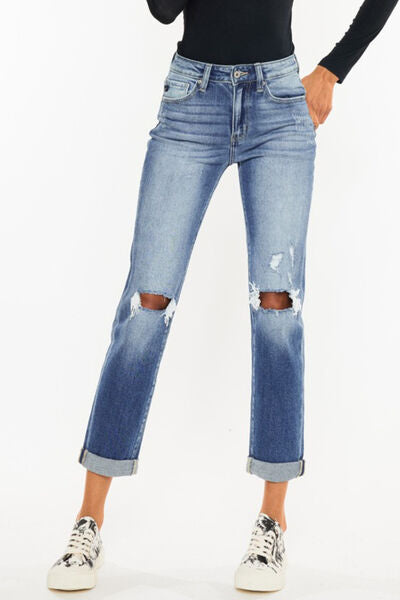 Kancan High Waist Distressed Hem Detail Cropped Straight Jeans - Shop All Around Divas