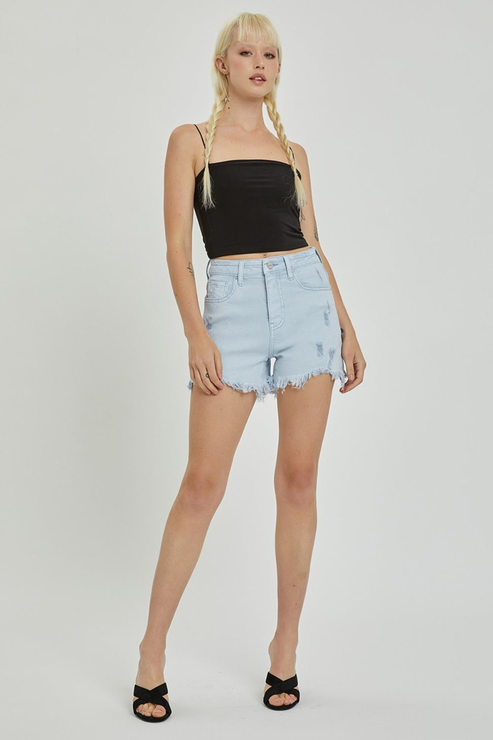 RISEN High Rise Distressed Detail Denim Shorts - Shop All Around Divas