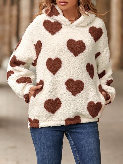 Fuzzy Heart Pocketed Dropped Shoulder Hoodie - 3 Colors