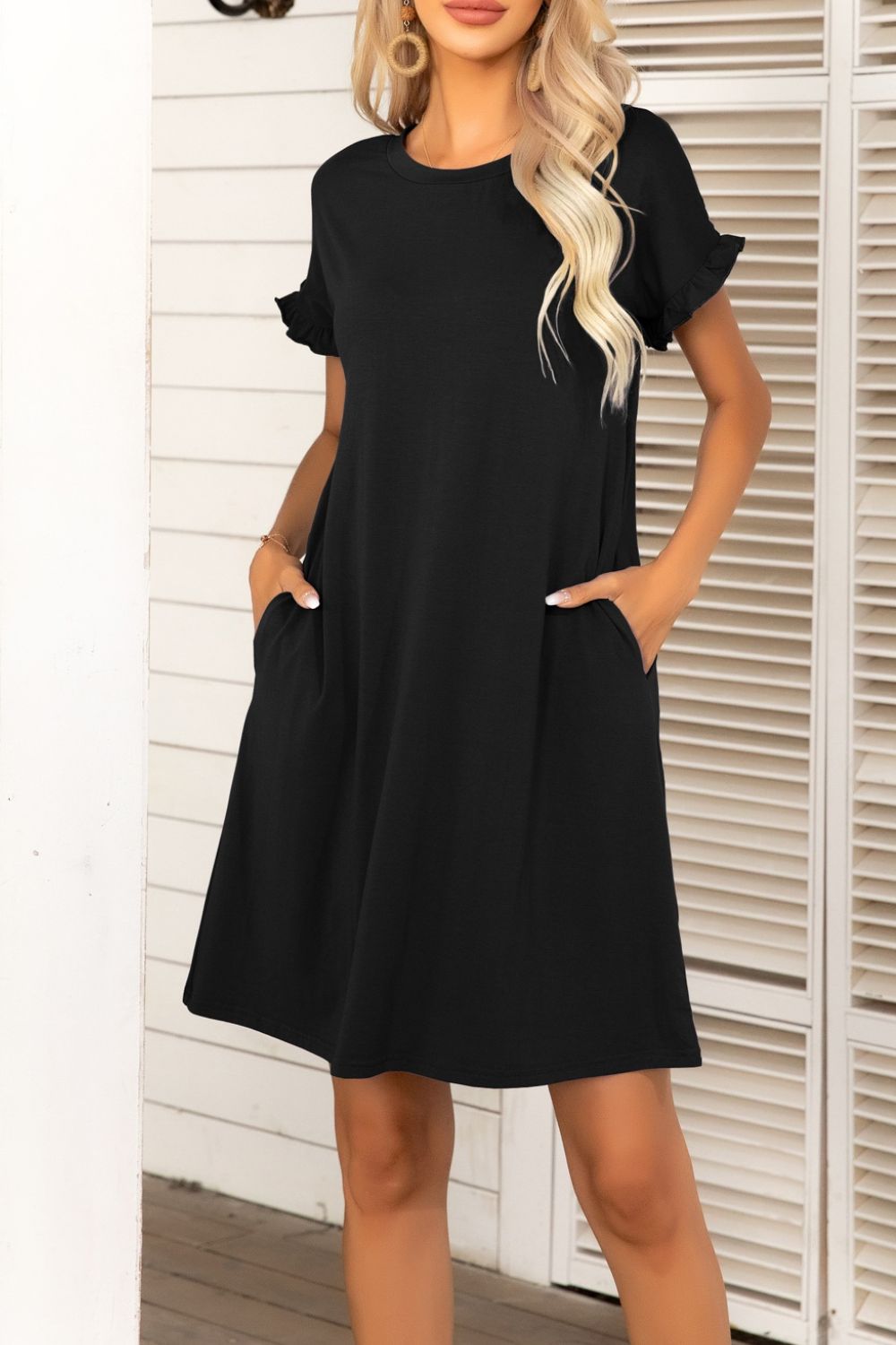 Flounce Sleeve Round Neck Dress with Pockets - Shop All Around Divas