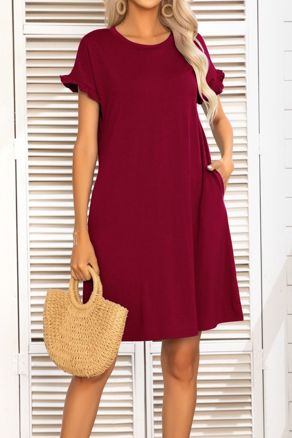 Flounce Sleeve Round Neck Dress with Pockets - Shop All Around Divas