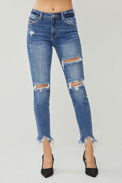 RISEN Distressed Frayed Hem Slim Jeans - Shop All Around Divas