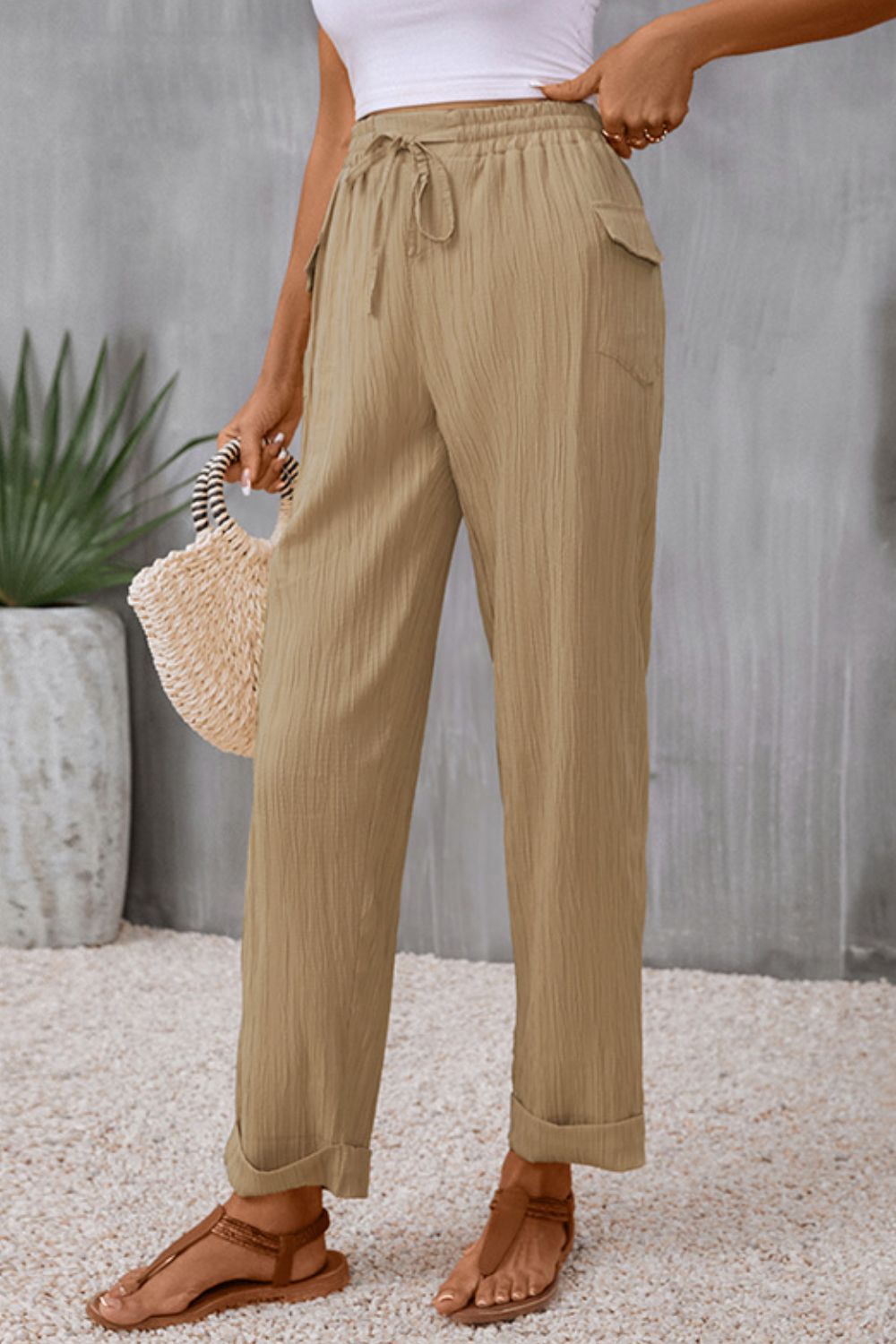 Tie Waist Pocketed Long Pants - Shop All Around Divas