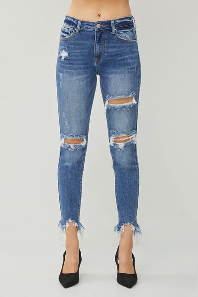 RISEN Distressed Frayed Hem Slim Jeans - Shop All Around Divas