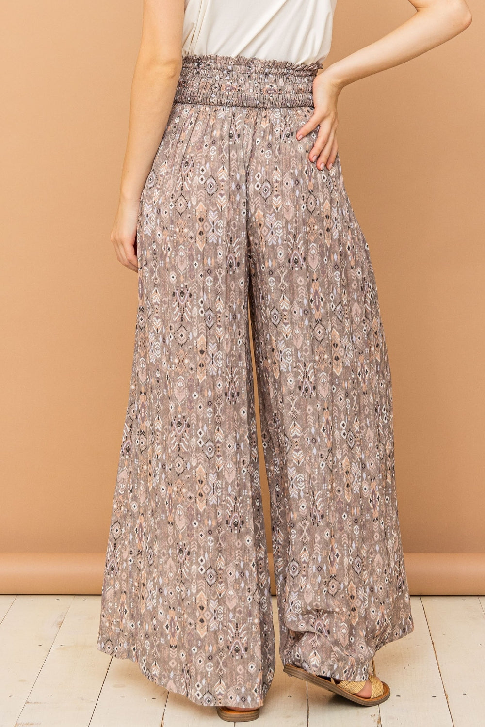 And The Why Printed Smocked Waist Slit Wide Leg Pants - Shop All Around Divas