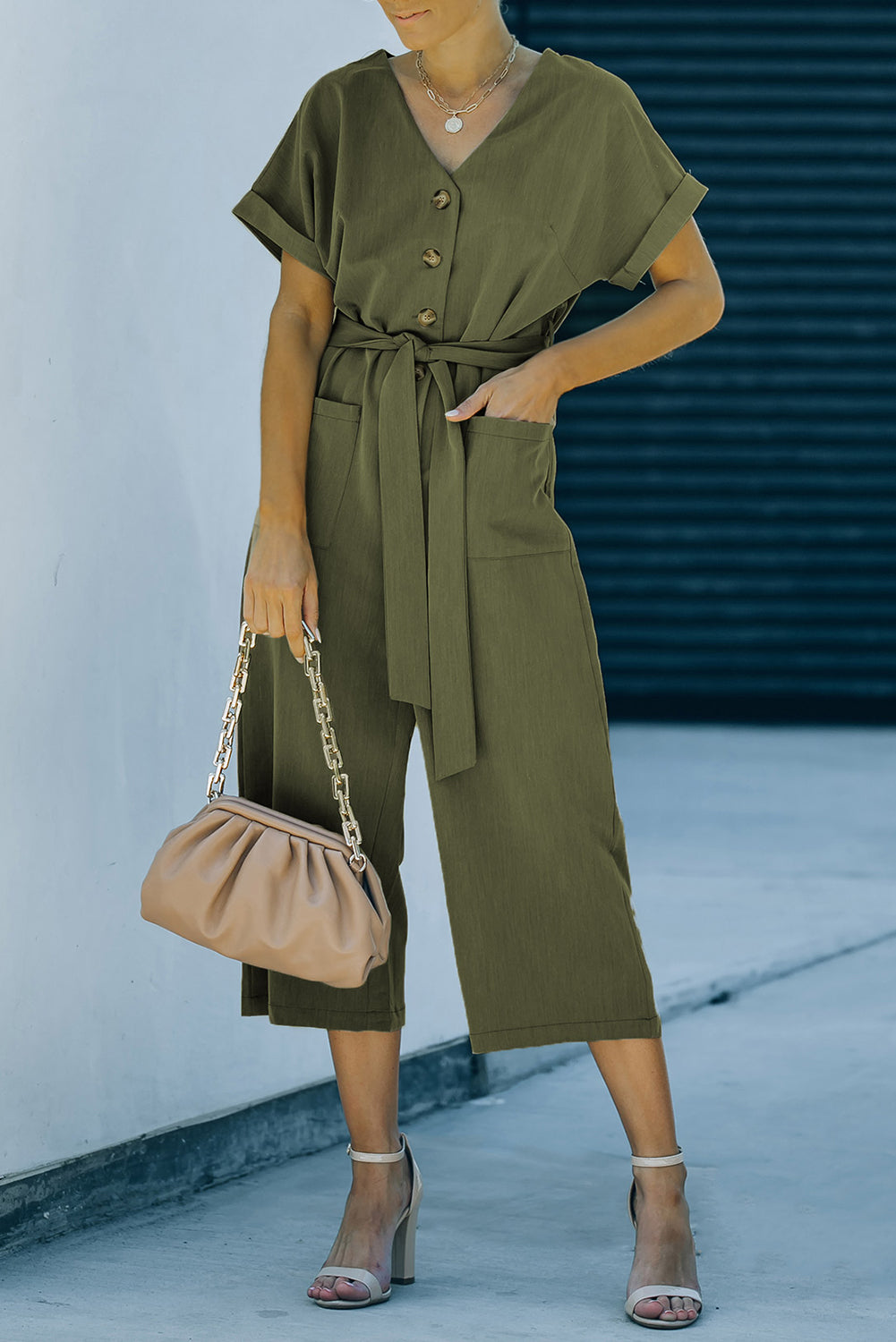 Tie-Waist Buttoned Cropped Jumpsuit - Shop All Around Divas